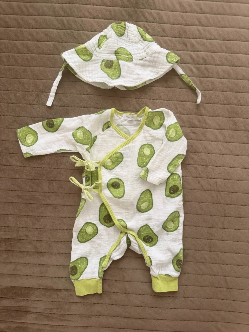 Angel Dear Avocado Print Wrap-Front Romper with Matching Hat - White & Green